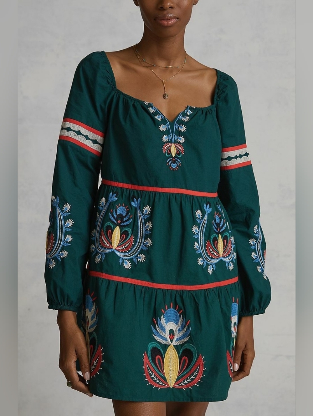 NWT Anthropologie Let Me Be Embroidered Tunic Dress Green Size Large 100% Cotton - Picture 7 of 10
